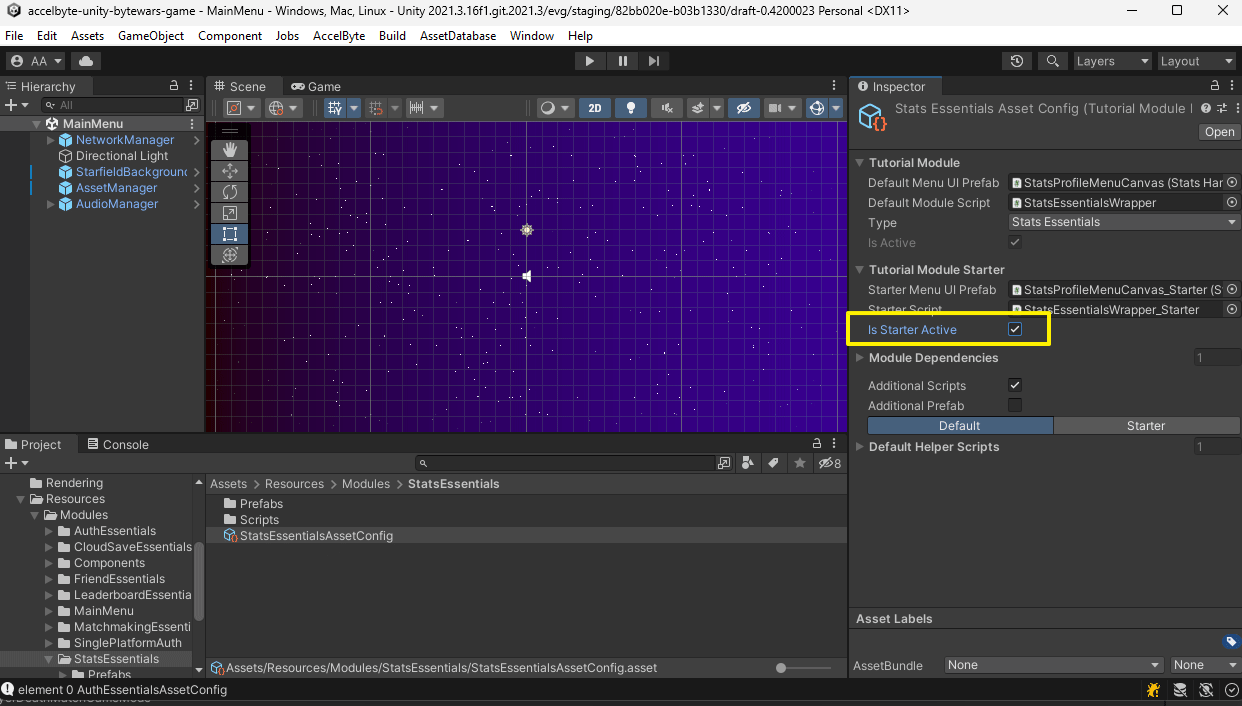 activate starter files for accelbyte high score tutorial Unity Byte Wars stat tracking