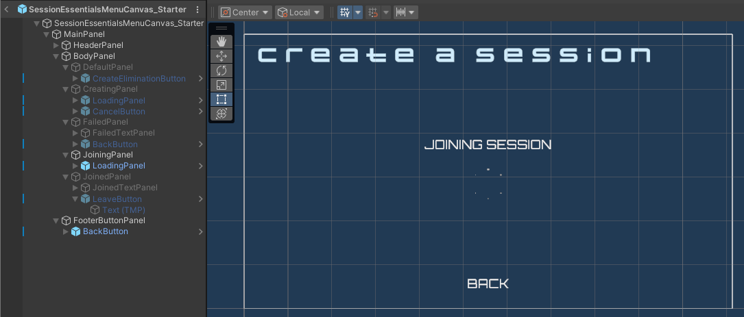 Image of the joining state of the QuickPlayMenuCanvas_Starter prefab in the Unity prefab viewer Unity Byte Wars introduction to session