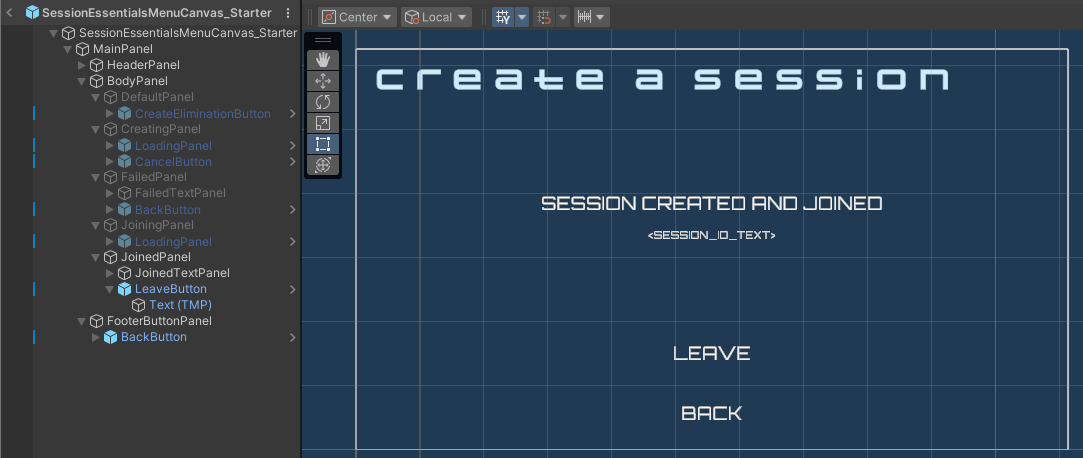 Image of the joined state of the QuickPlayMenuCanvas_Starter prefab in the Unity prefab viewer Unity Byte Wars introduction to session
