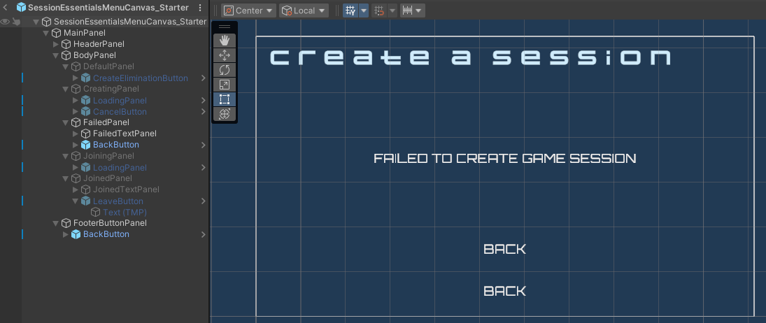 Image of the failed state of the QuickPlayMenuCanvas_Starter prefab in the Unity prefab viewer Unity Byte Wars introduction to session