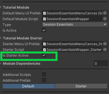 Image of the Is Starter Active option in the SessionEssentialsAssetConfig file in the Unity Inspector Unity Byte Wars introduction to session
