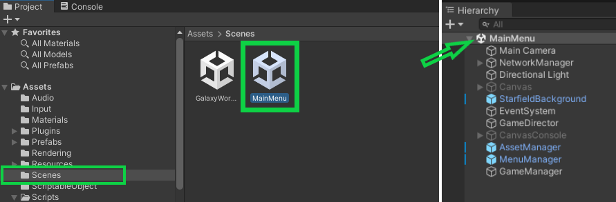 Image shows Unity with the Scenes folder open, the MainMenu file selected, and MainMenu opened in the Hierarchy Unity Byte Wars initial setup