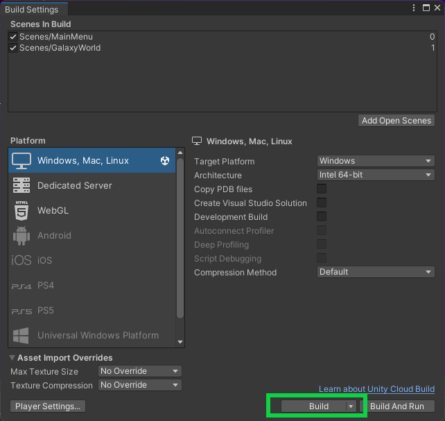 Image shows the Build Settings window in Unity with the Build button highlighted Unity Byte Wars initial setup