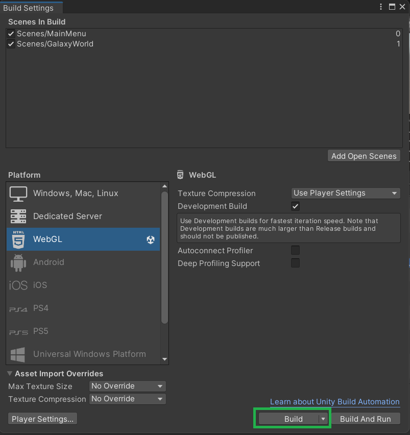 Build Settings window in Unity with the Build button highlighted Unity Byte Wars initial setup