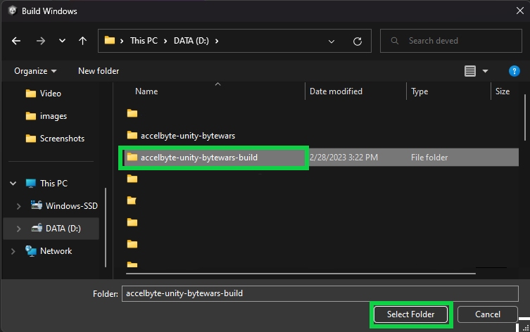 Image shows a file explorer window with the package destination folder selected and the Select Folder button highlighted Unity Byte Wars initial setup