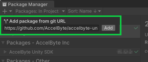 Image shows the Unity Package Manager window with the AccelByte Game SDK git URL pasted in Unity Byte Wars initial setup