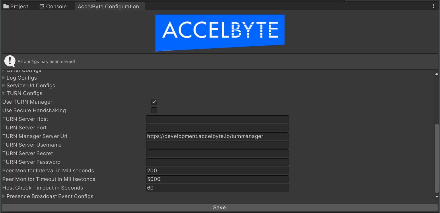 Image shows AccelByte Configuration screen