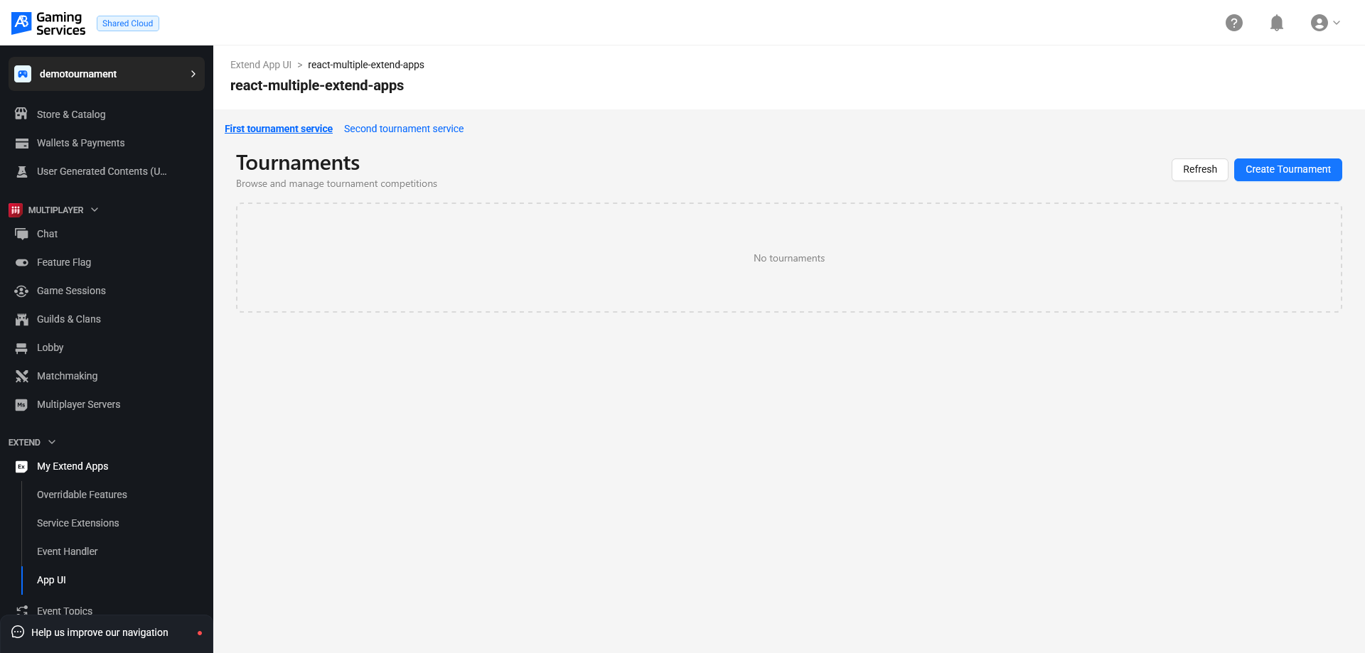 The react-multiple-extend-apps template App UI displayed in the AccelByte Gaming Services (AGS) Admin Portal