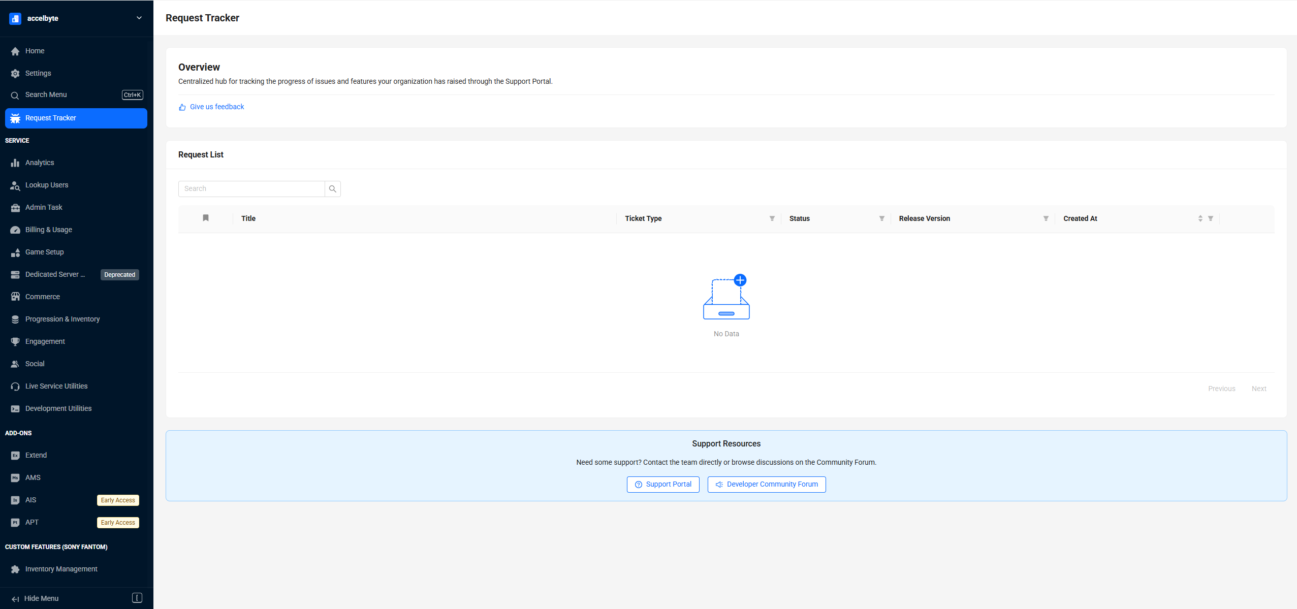 The Request Tracker page in Admin Portal