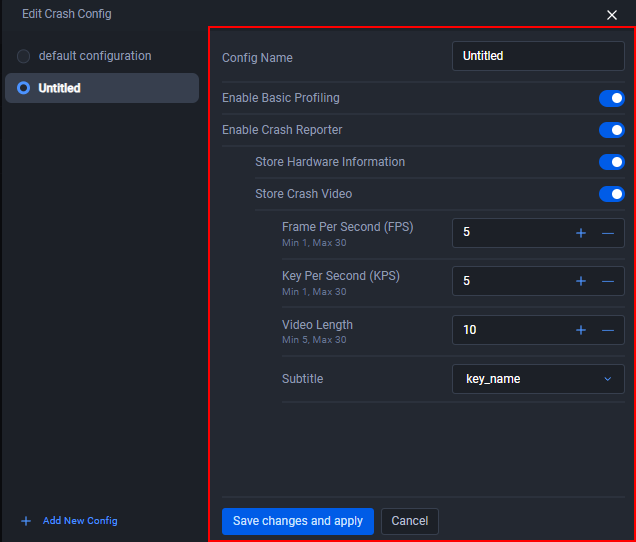 Image shows the new config form