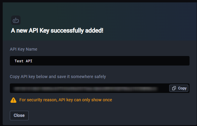 A new API key successfully added panel