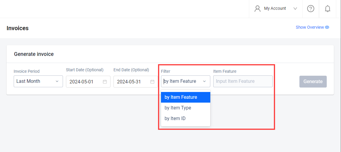 Choose invoice filter and item feature