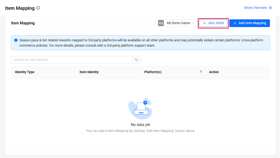 Image shows the Add JSON button
