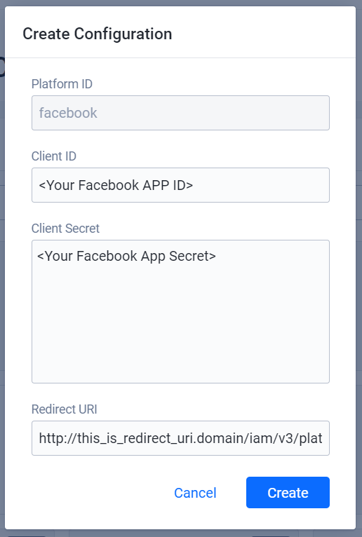 Facebook Create Configuration