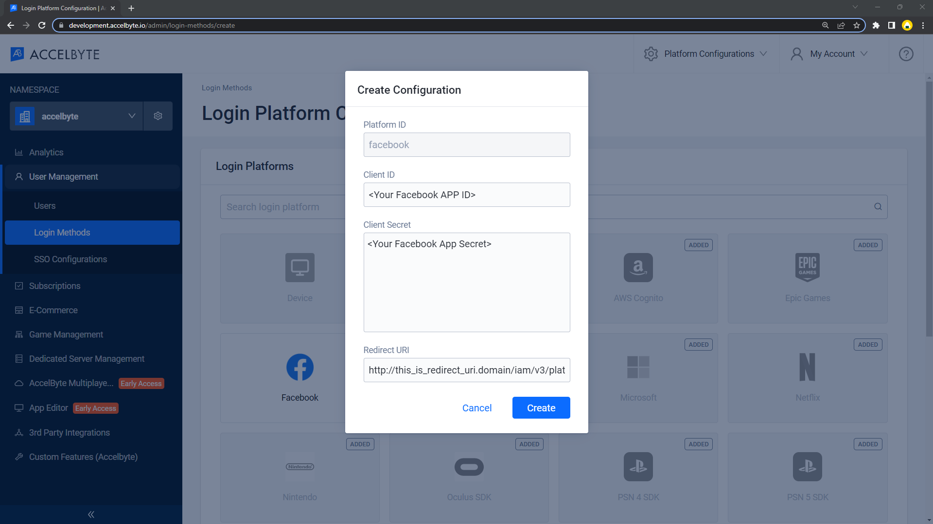 Facebook Create Configuration