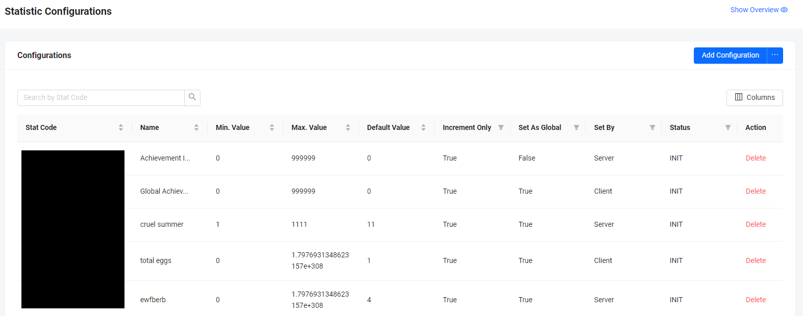 Image shows the Statistic Configuration page