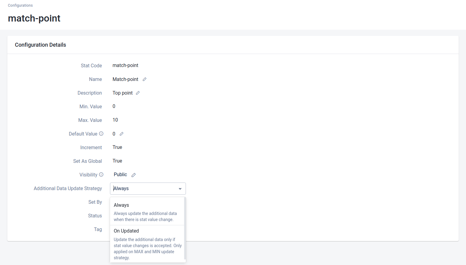 Open Additional Data Update Strategy field in Configuration Details