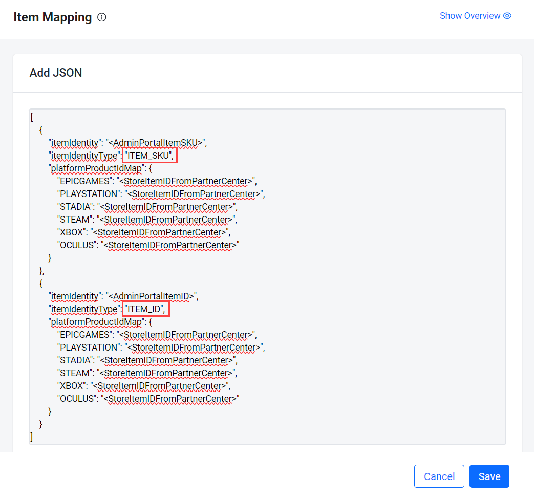 Image shows the JSON template