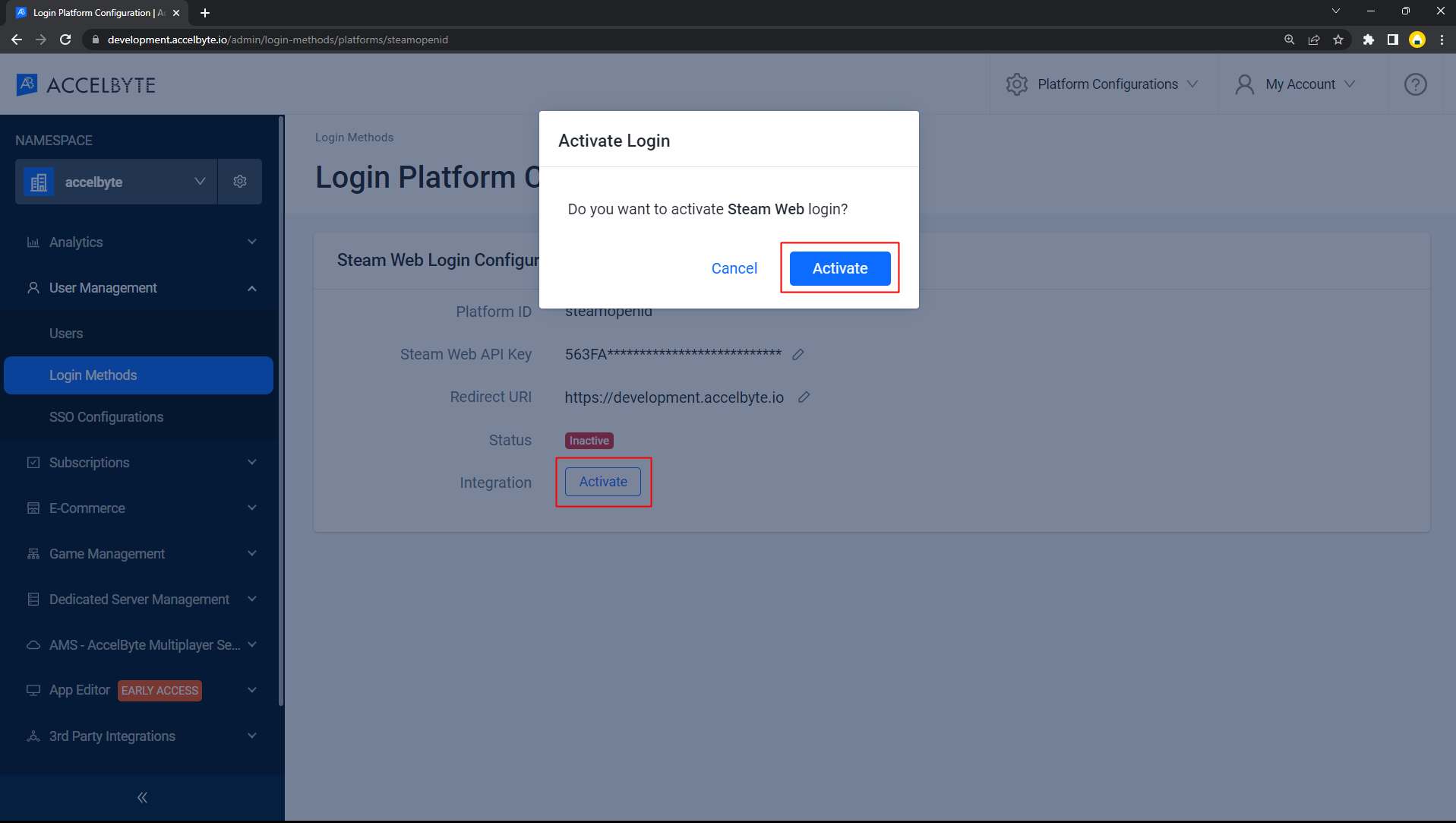 AccelByte Admin Portal Steam login activate