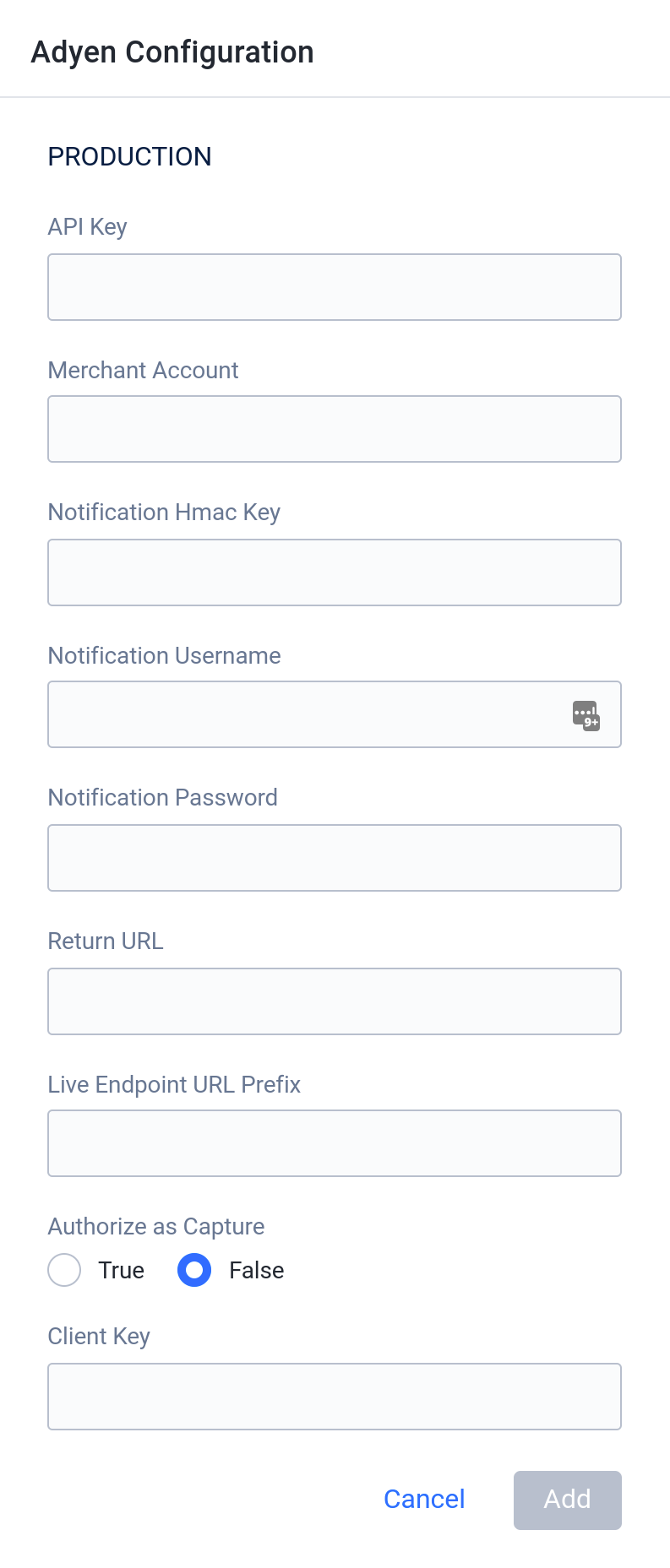 fill out configuration for Adyen