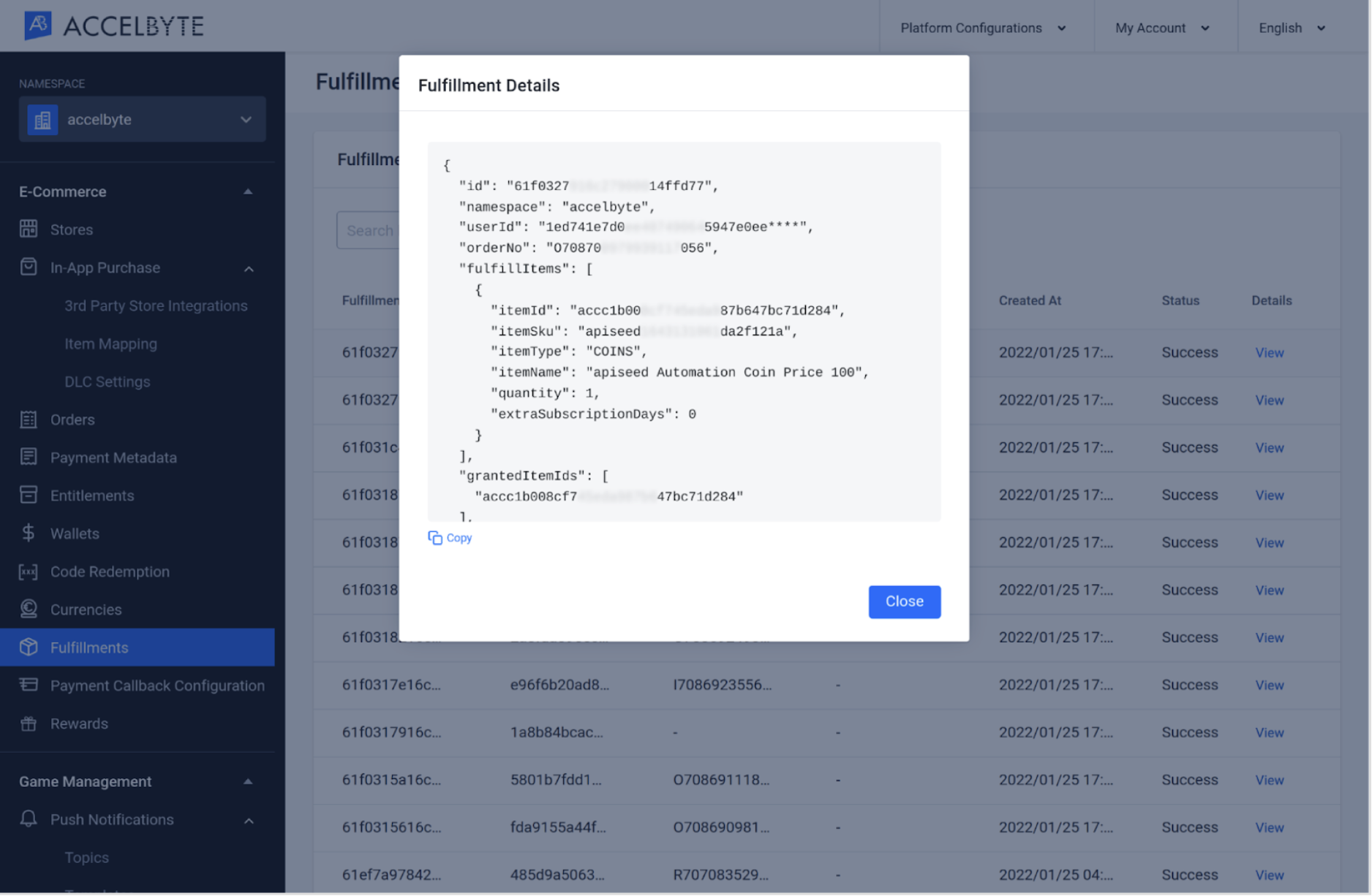Image shows the log's details page