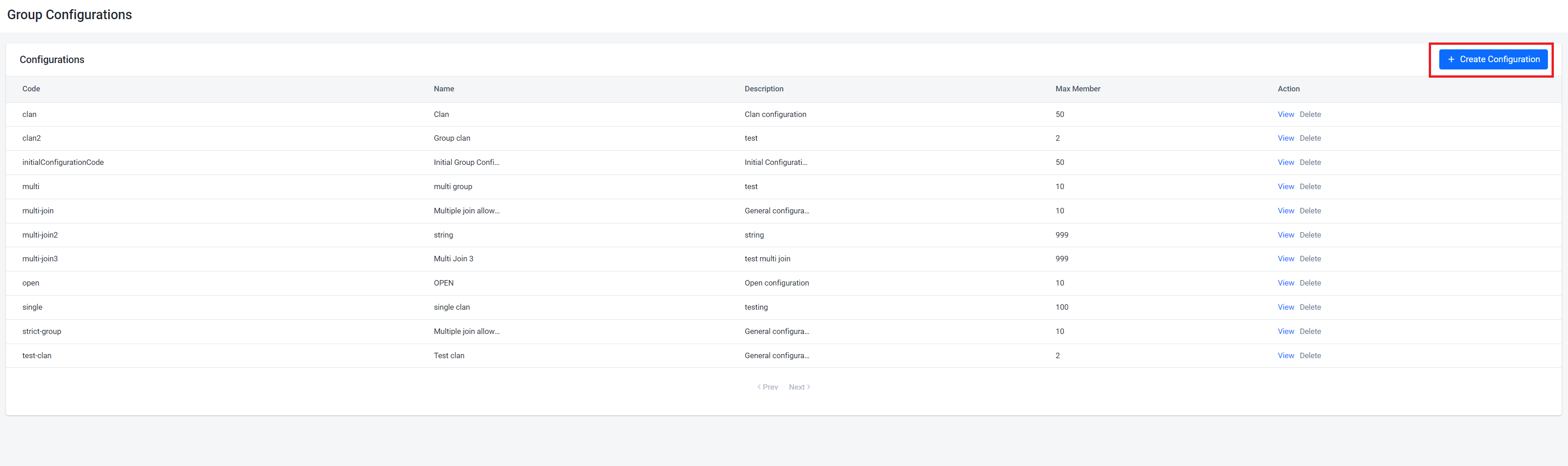 Image shows the Create Configuration button highlighted on the Group Configurations page in the AGS Admin Portal