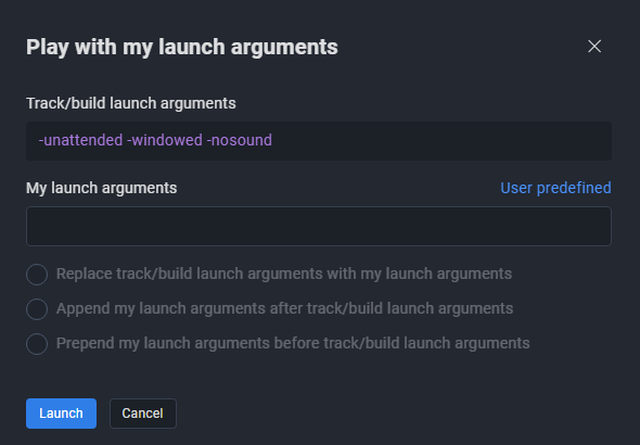 Image shows the Play with launch arguments window