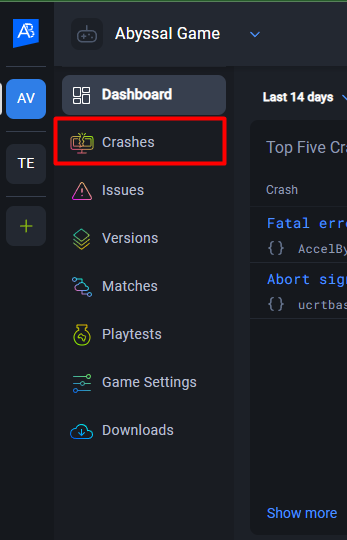 Select Crashes on the sidebar
