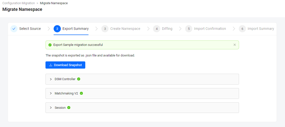 Migration wizard export summary