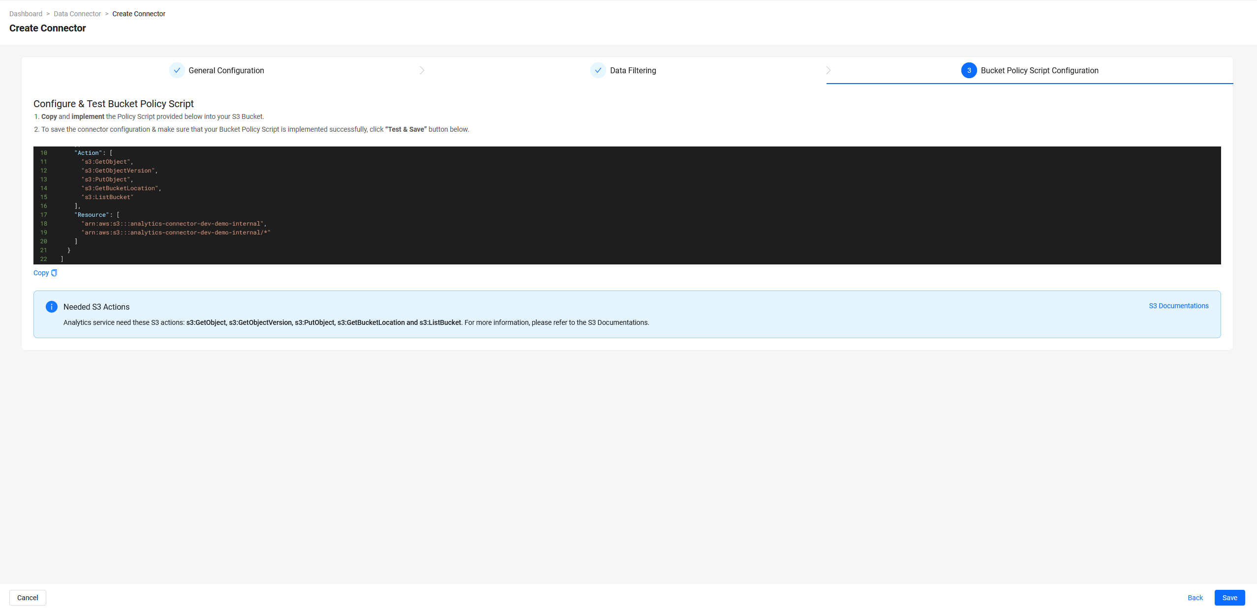 Image shows the Bucket Policy Script Configuration form