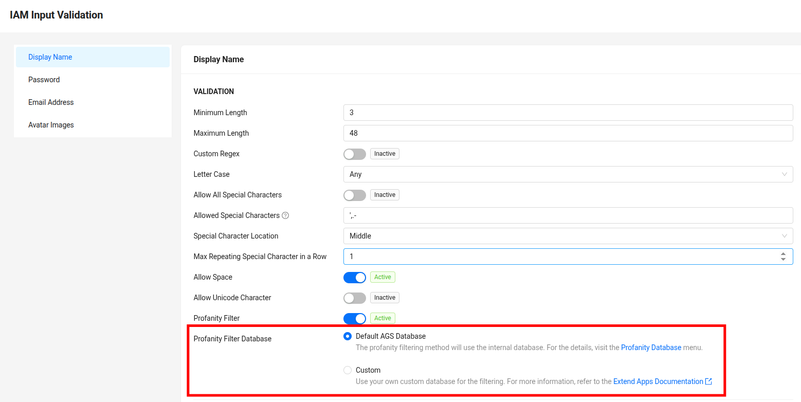 profanity filter on display name