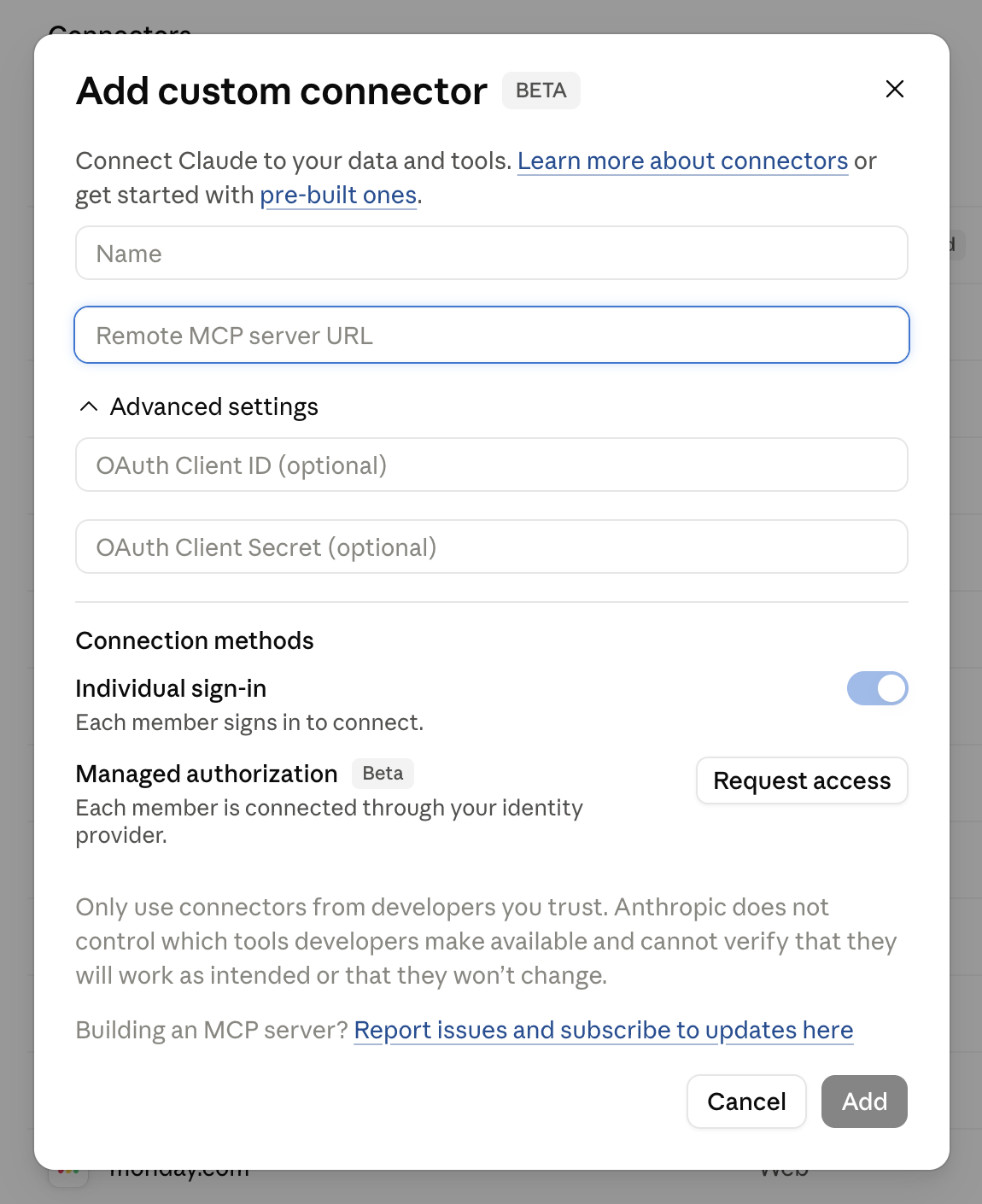 Claude's Add custom connector dialog with the Name and Remote MCP server URL fields