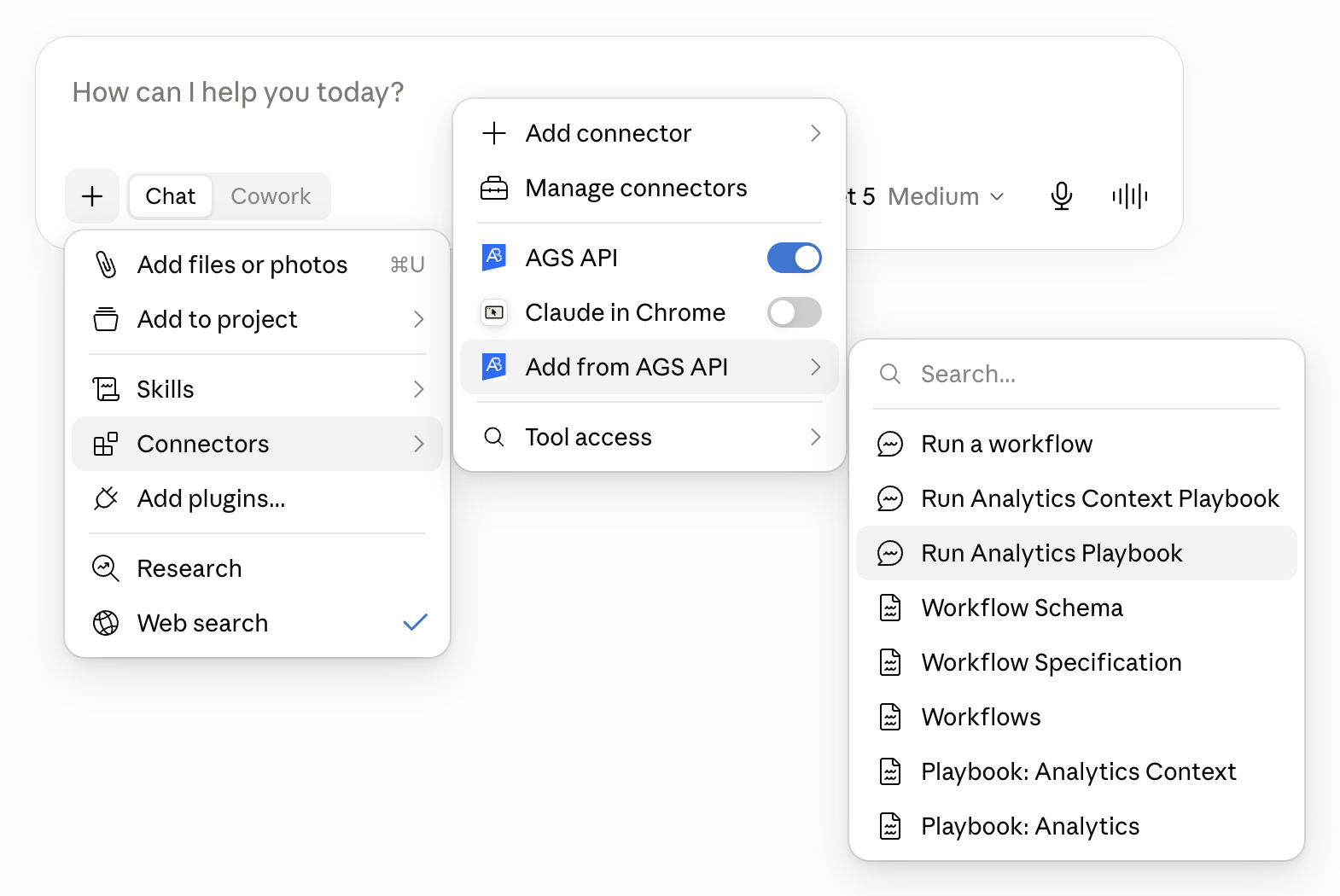 Claude's Add from AGS API menu listing analytics playbooks, including Run Analytics Playbook and Run Analytics Context Playbook