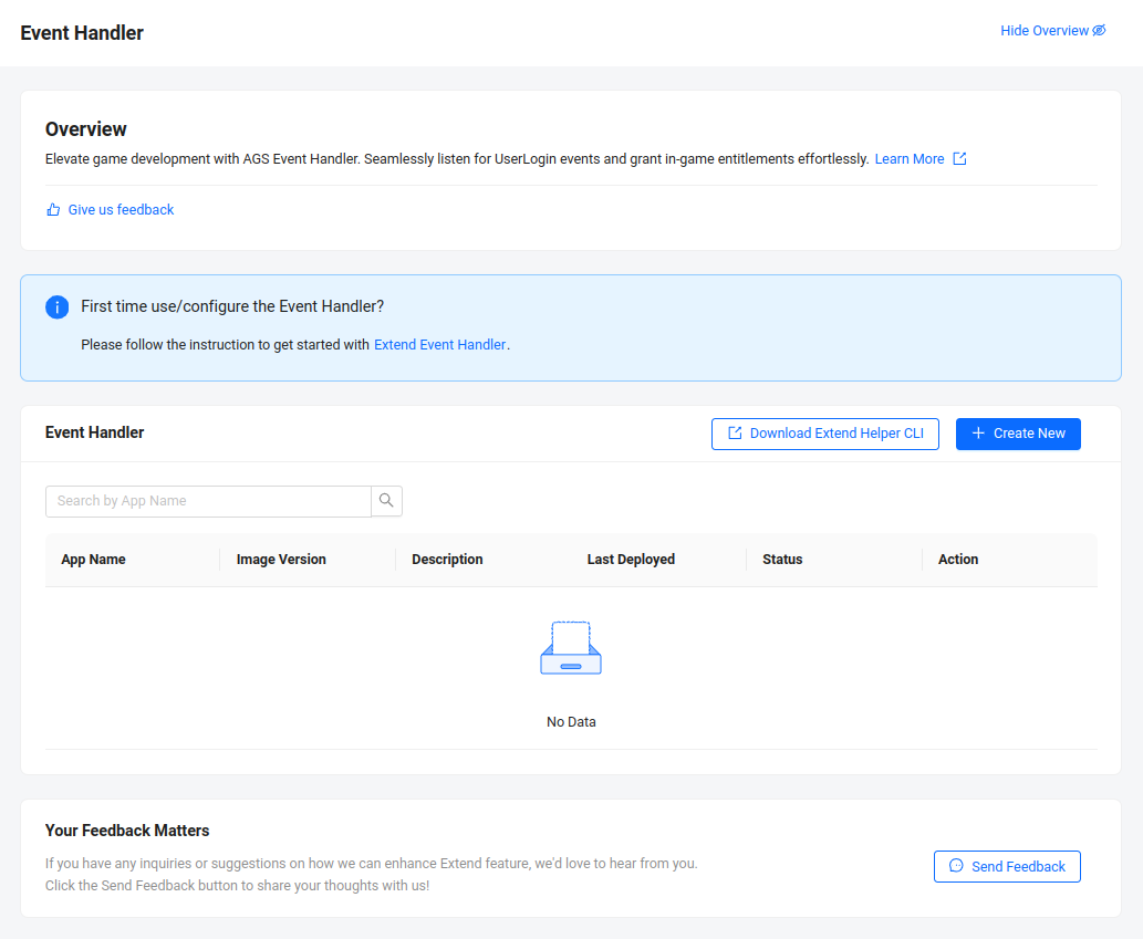 Event handler configuration page in AGS Admin Portal