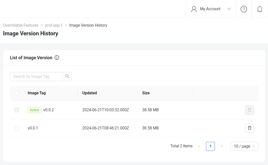 Image shows the image history in AGS Admin Portal