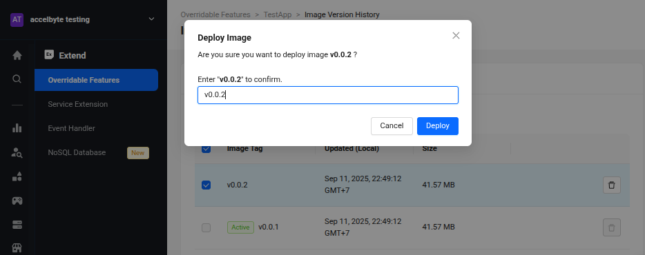 Image shows Deploy confirmation message