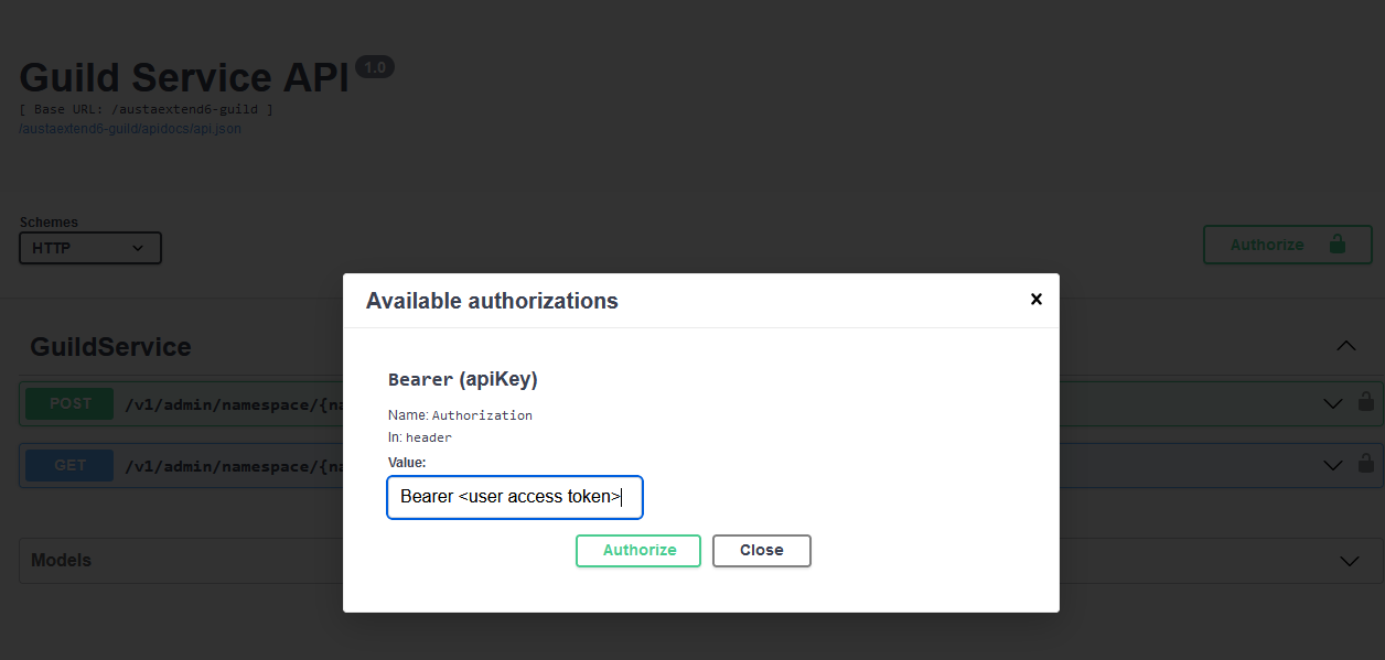 Guild service swagger authorization