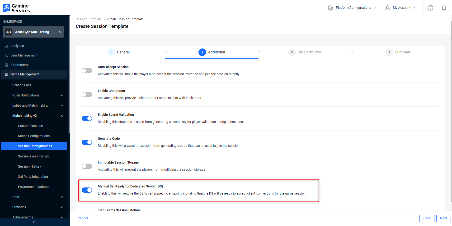 Configure the manual DS ready from the session template