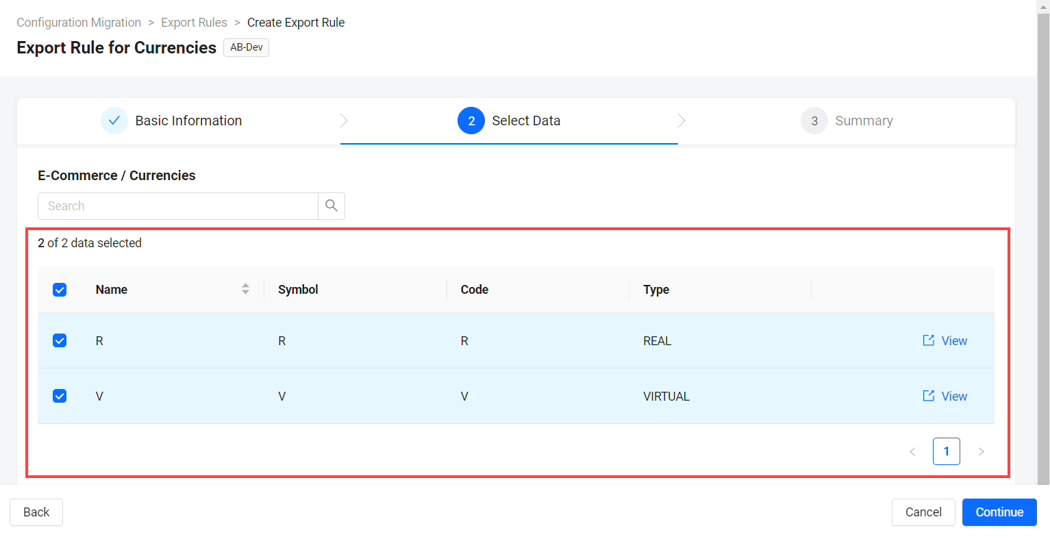 Select source data for export rule