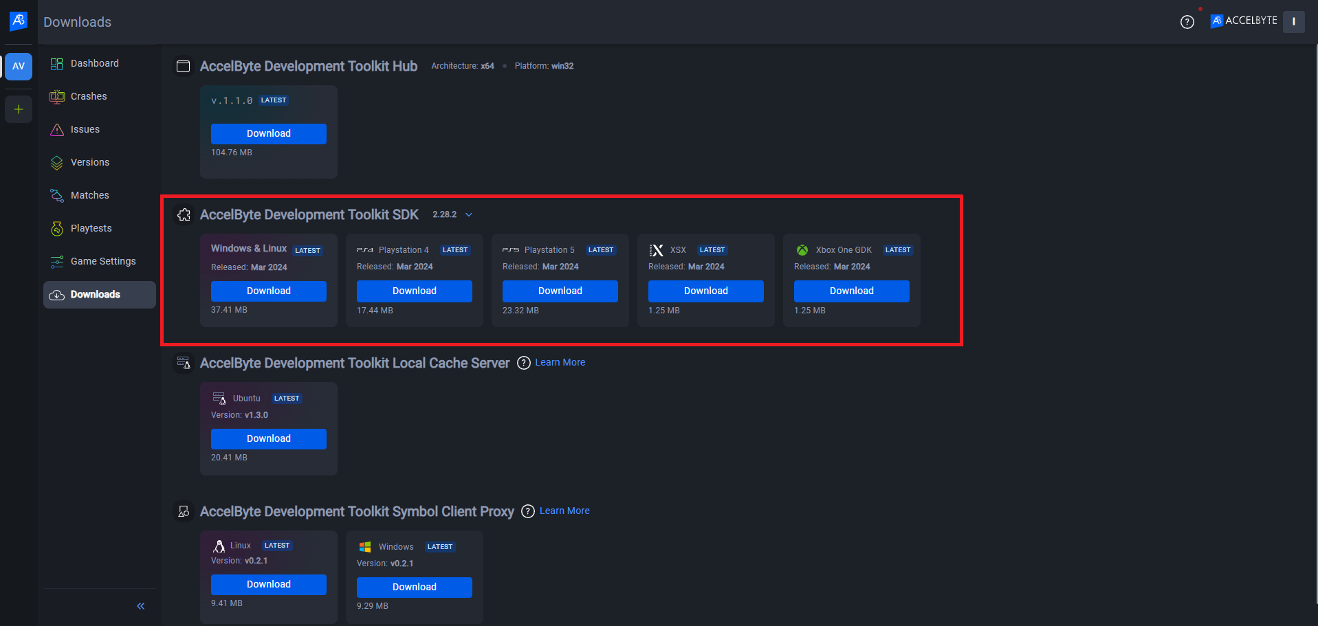 Image shows the AccelByte Development Toolkit Hub