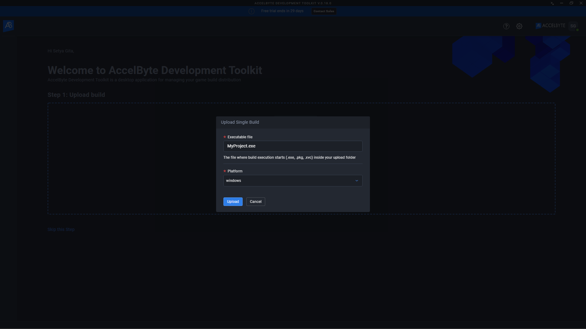 Image of ADT&#39;s Uplaod Single Build window