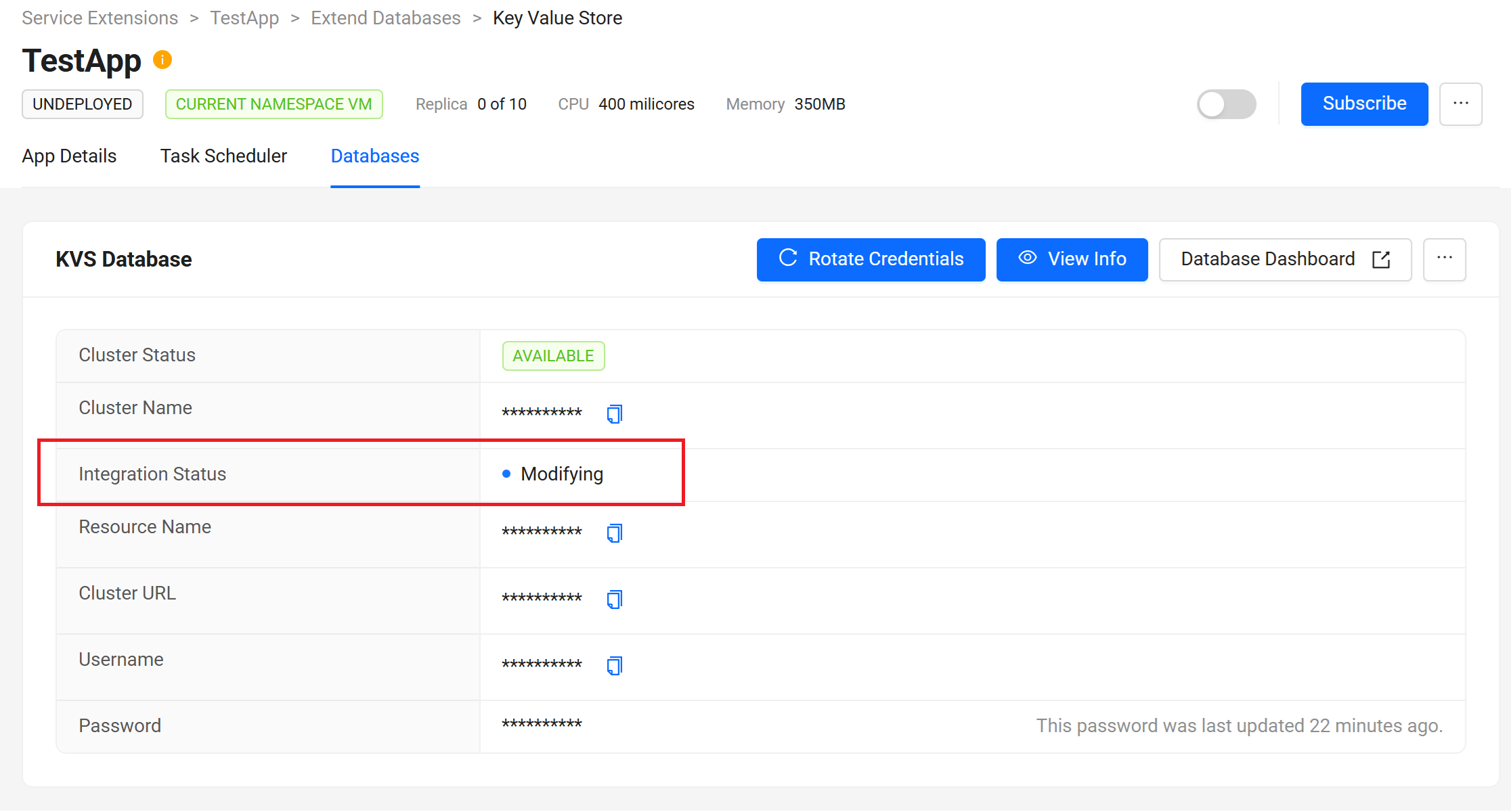 Key Value Store integration status modifying