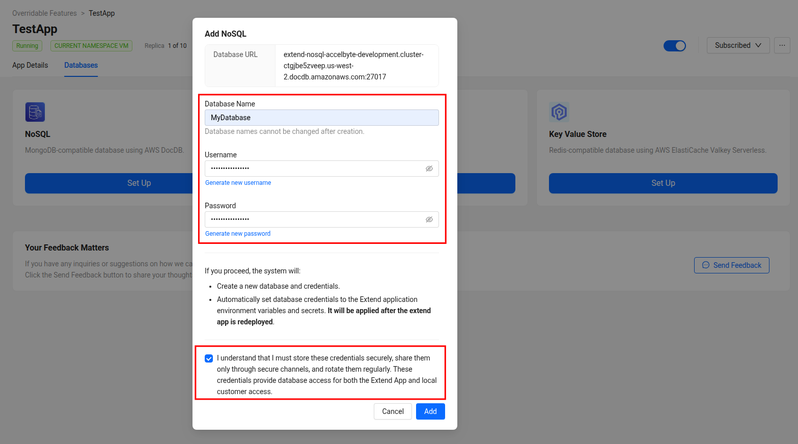 Add NoSQL database popup