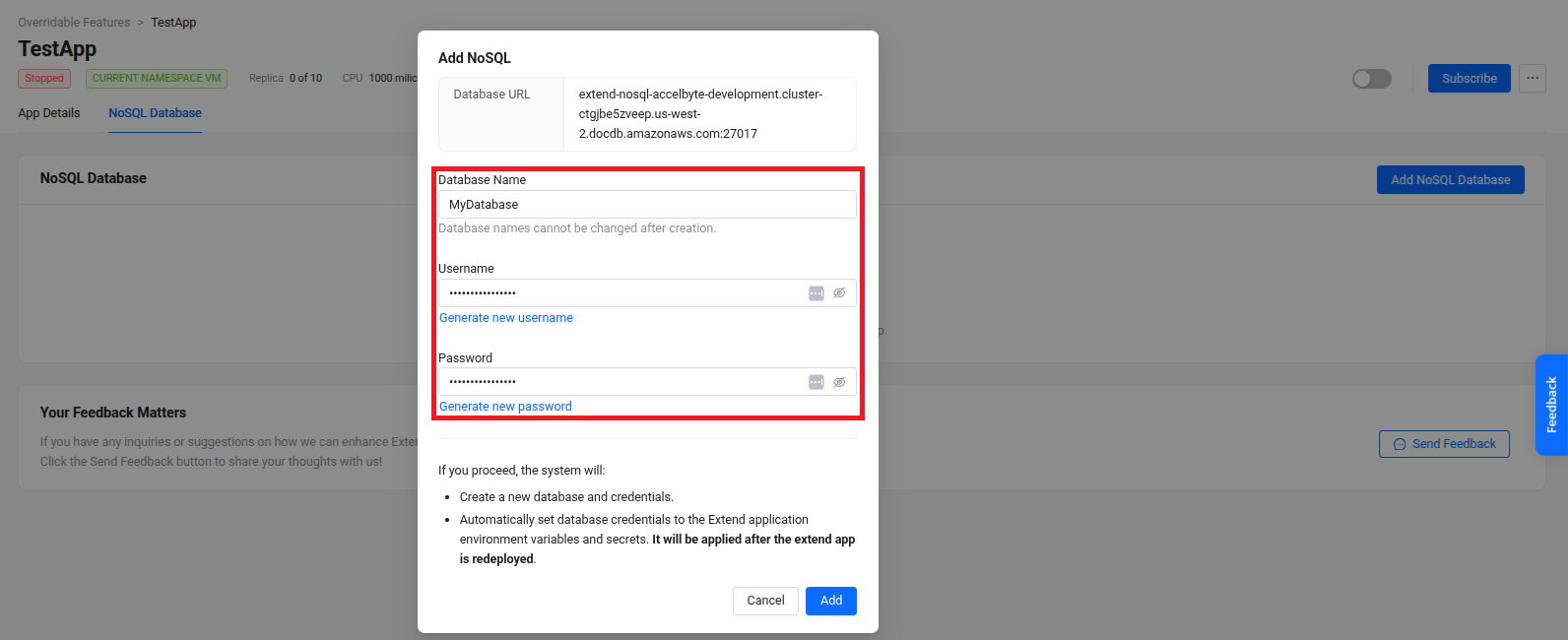 Add NoSQL database popup