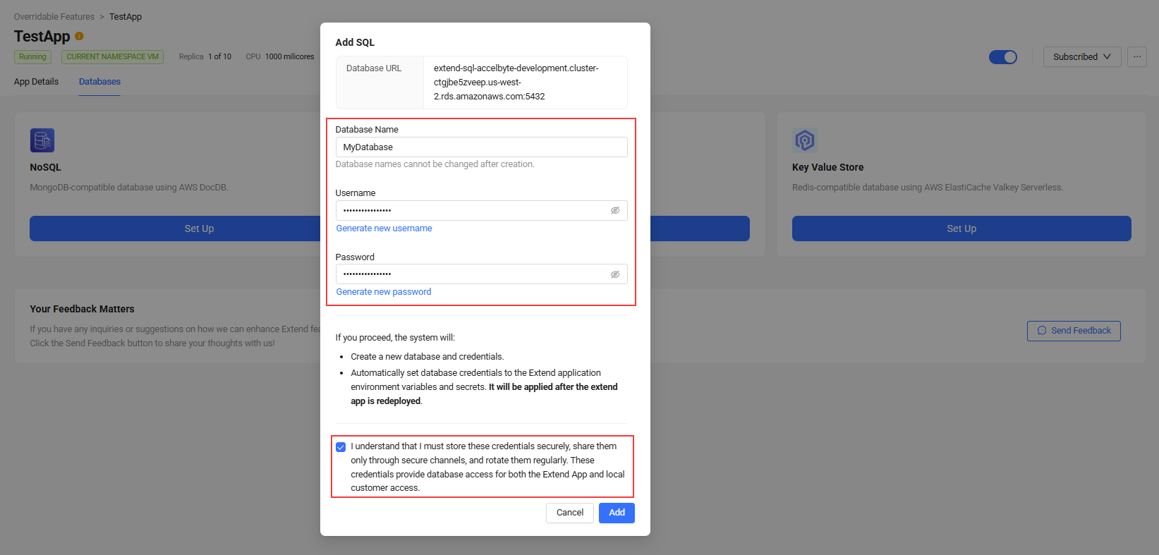 Add SQL database popup