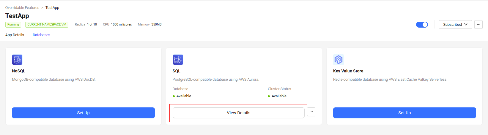 SQL Database tab selection
