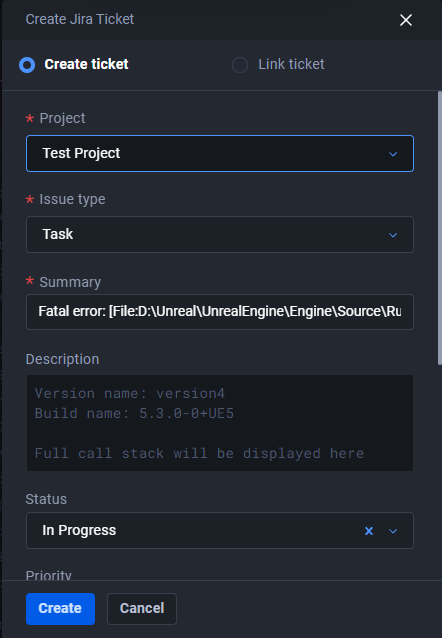 Create link/jira ticket panel