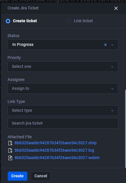 Create link/jira ticket panel