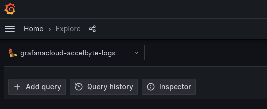 Image shows Grafana Cloud dropdown with AccelByte logs selected