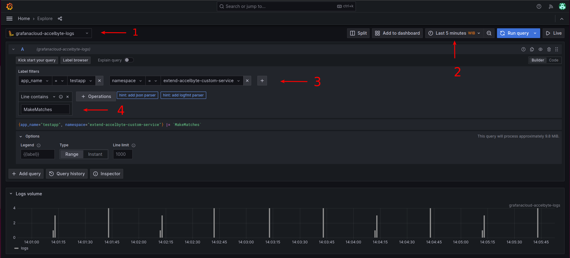 Image shows Grafana Cloud query with labeled steps for logs